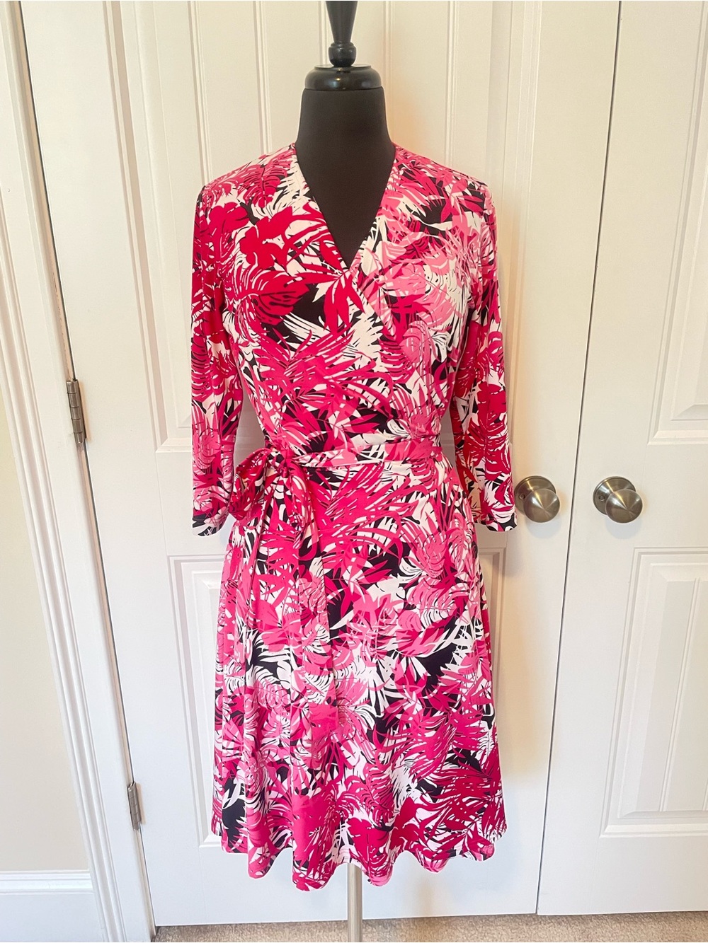 Pink Black & White Floral Wrap Dress